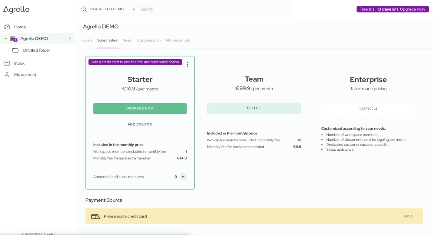 Agrello e-signing platform: Manage subscriptions