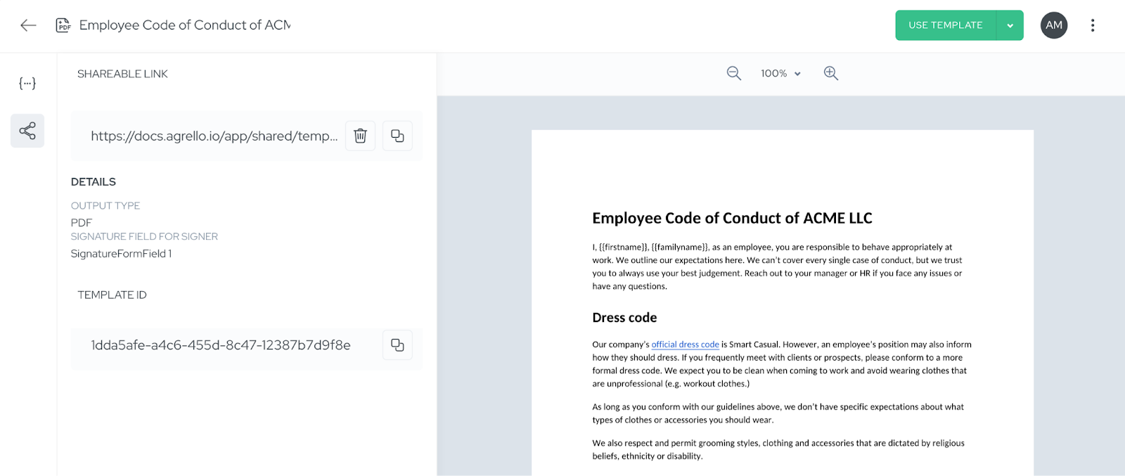 Shareable document templates for signing